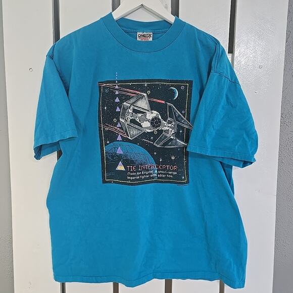 Oneita Star Wars‎ TIE Interceptor VTG Tshirt Adult XL Blue Single Stitch 90s - Picture 1 of 8